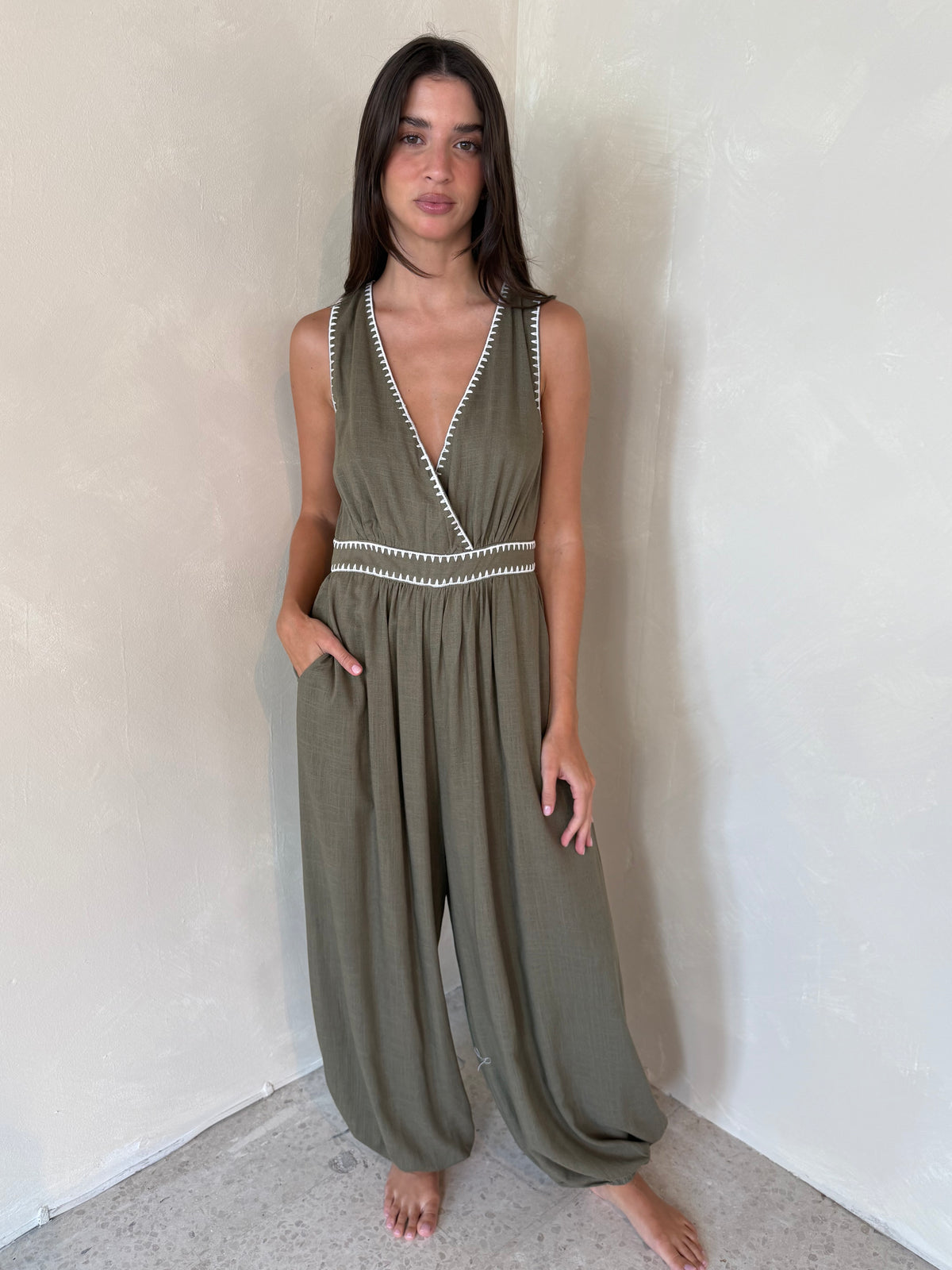 Olive Trim Jumpsuit
