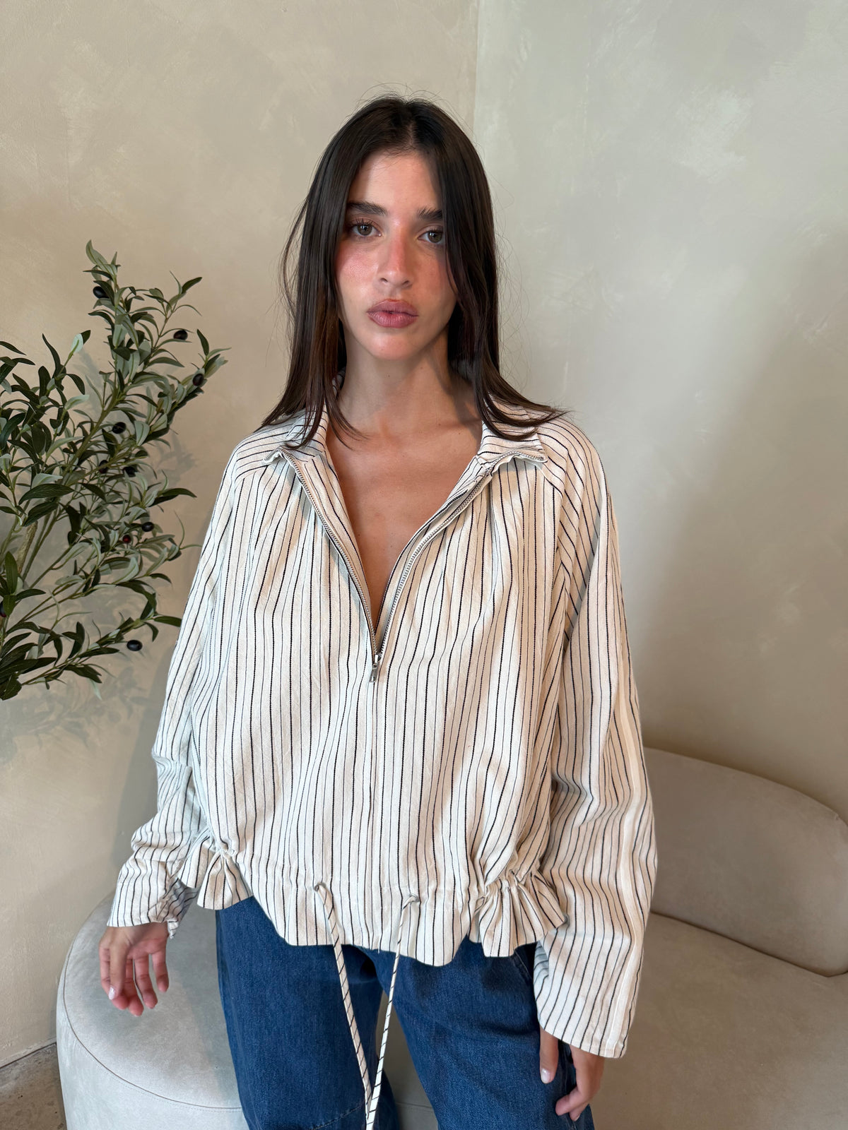 Linen Stripe Balloon Jacket