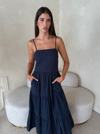Navy Linen Strappy Maxi Dress