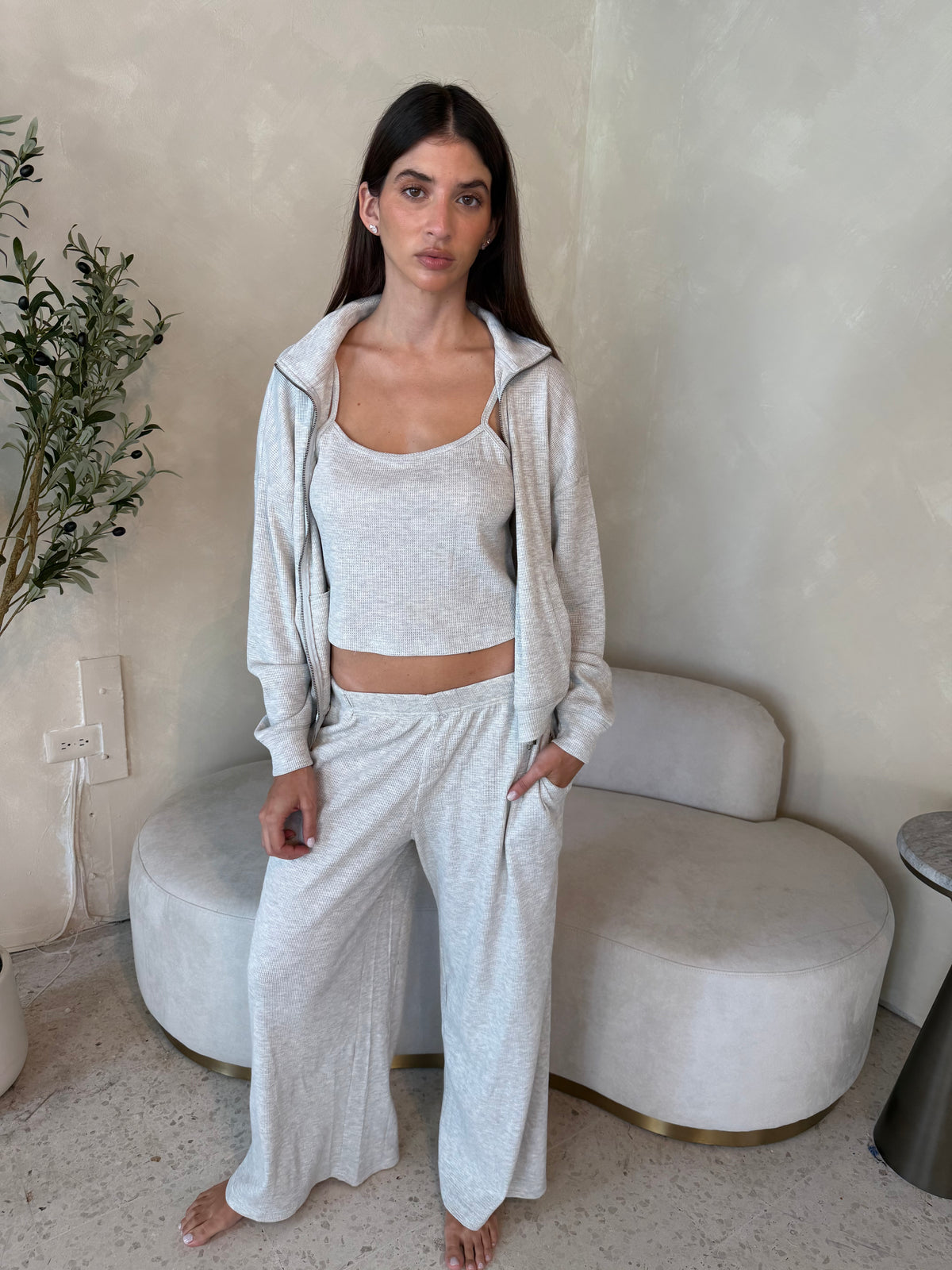 Grey Waffle Zip Pullover