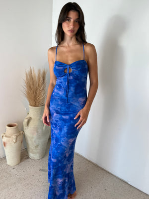 Blue Floral Mesh Maxi Dress