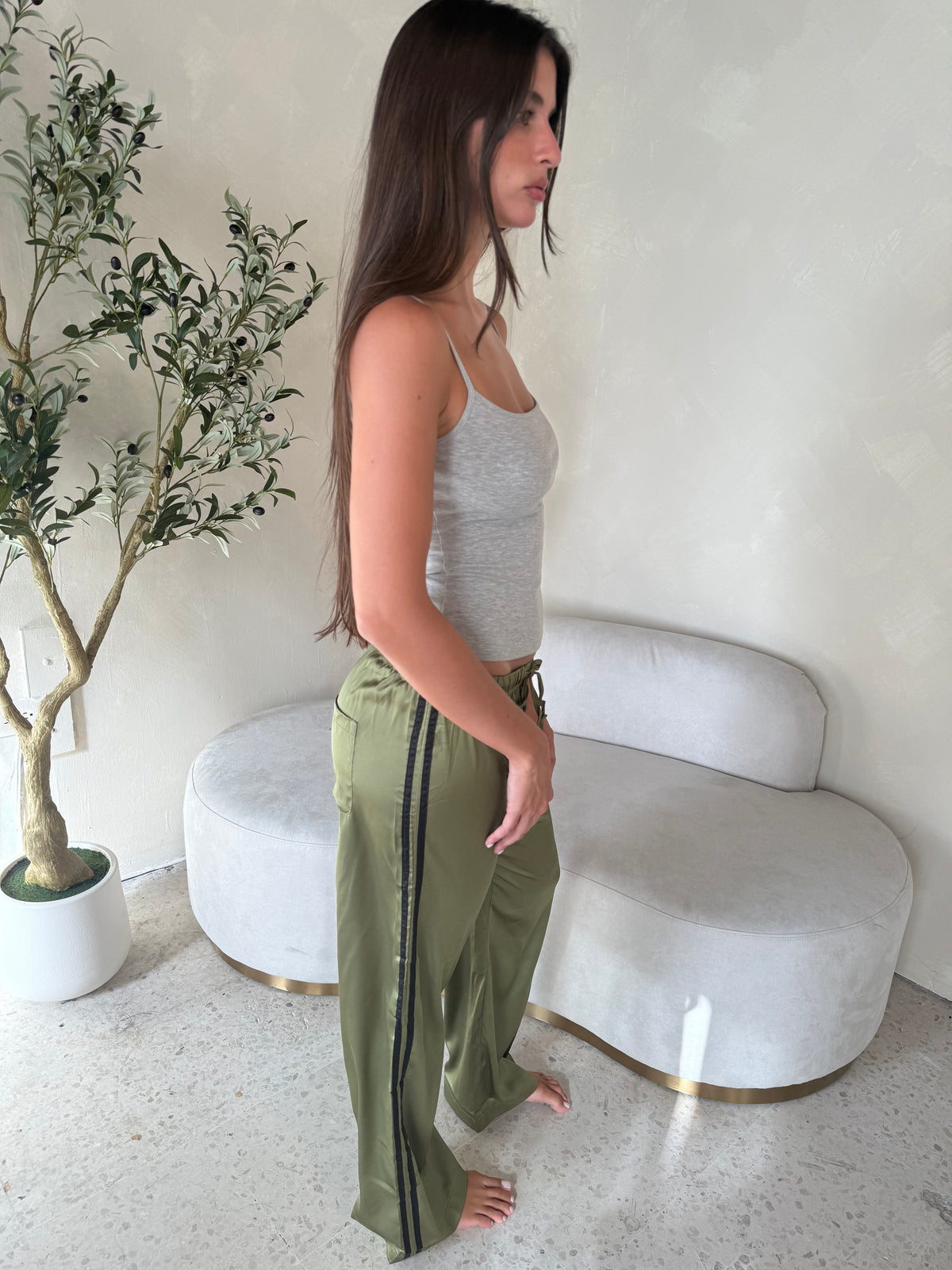 Olive Satin Elastic Pants