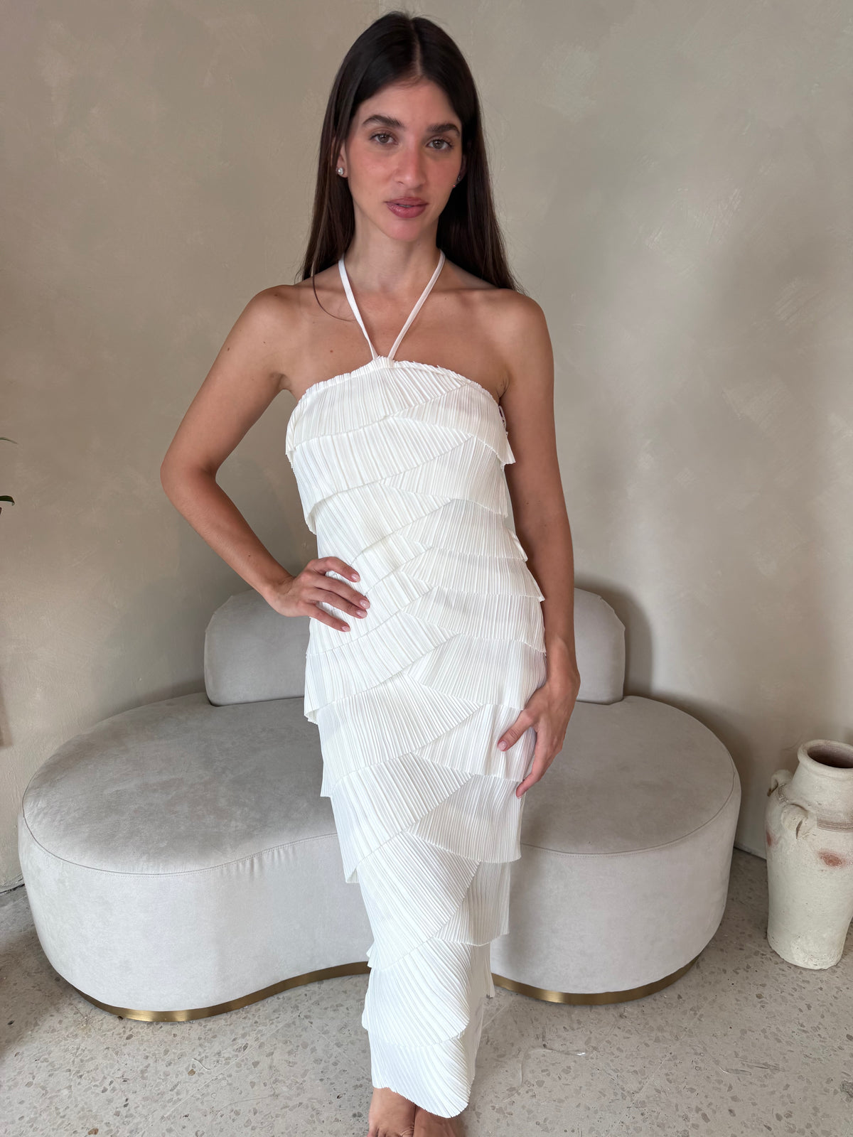 Cream Pleated Midi Dress