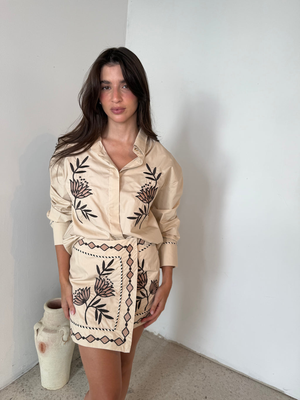 Embroidered LS Top & Skirt Set