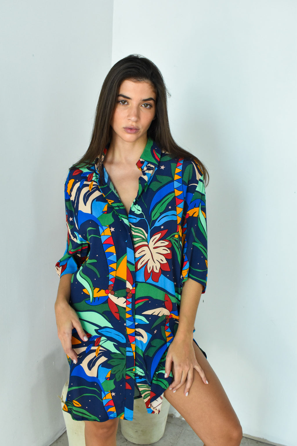 SS Printed Button Down Dress