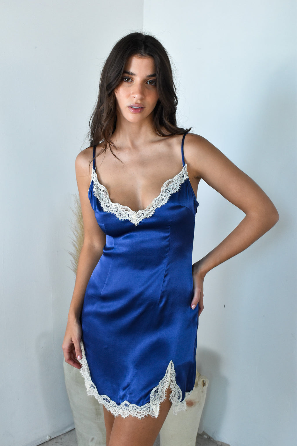 Lace Blue Satin Mini Dress
