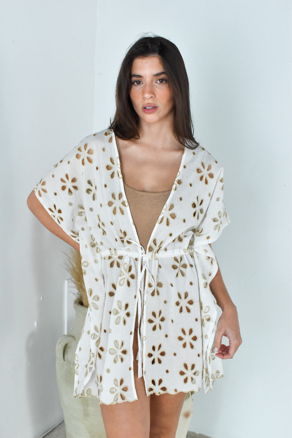 Ivory Tan Floral Eyelet Cover Up