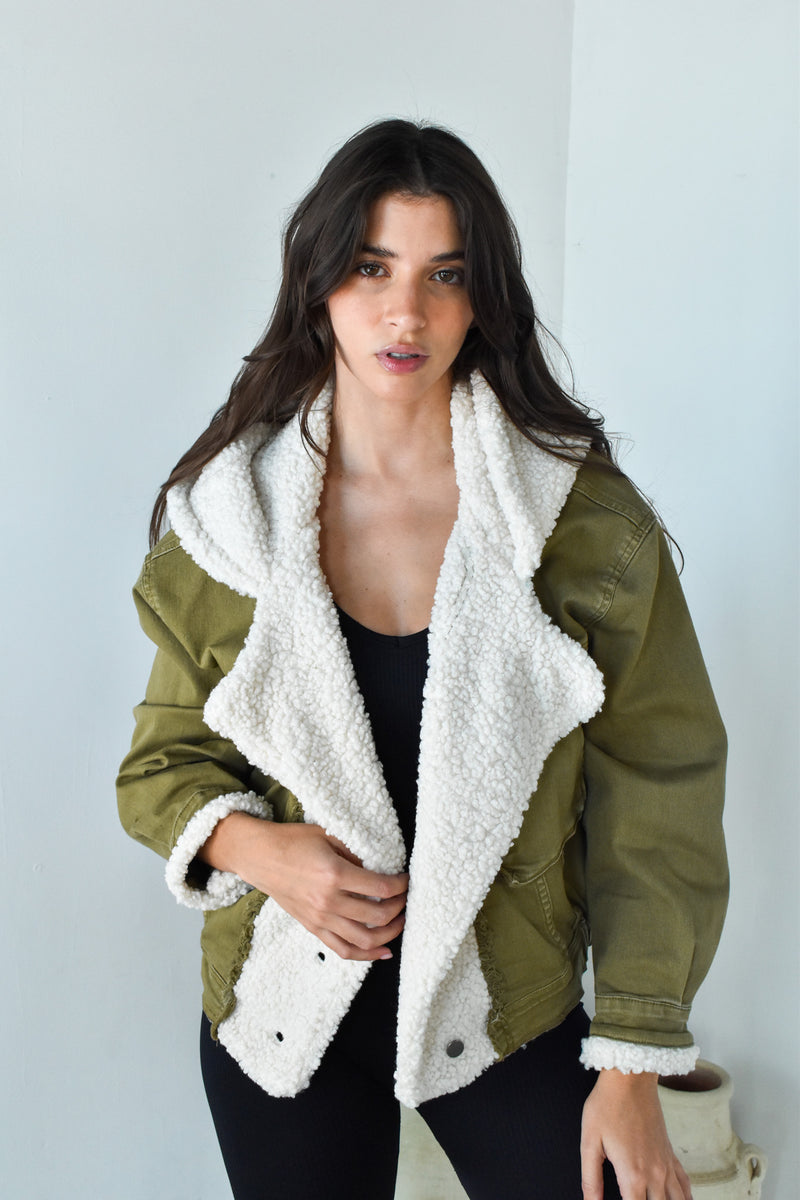 Washed Olive Sherpa Hoodie Jacket