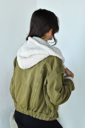 Washed Olive Sherpa Hoodie Jacket