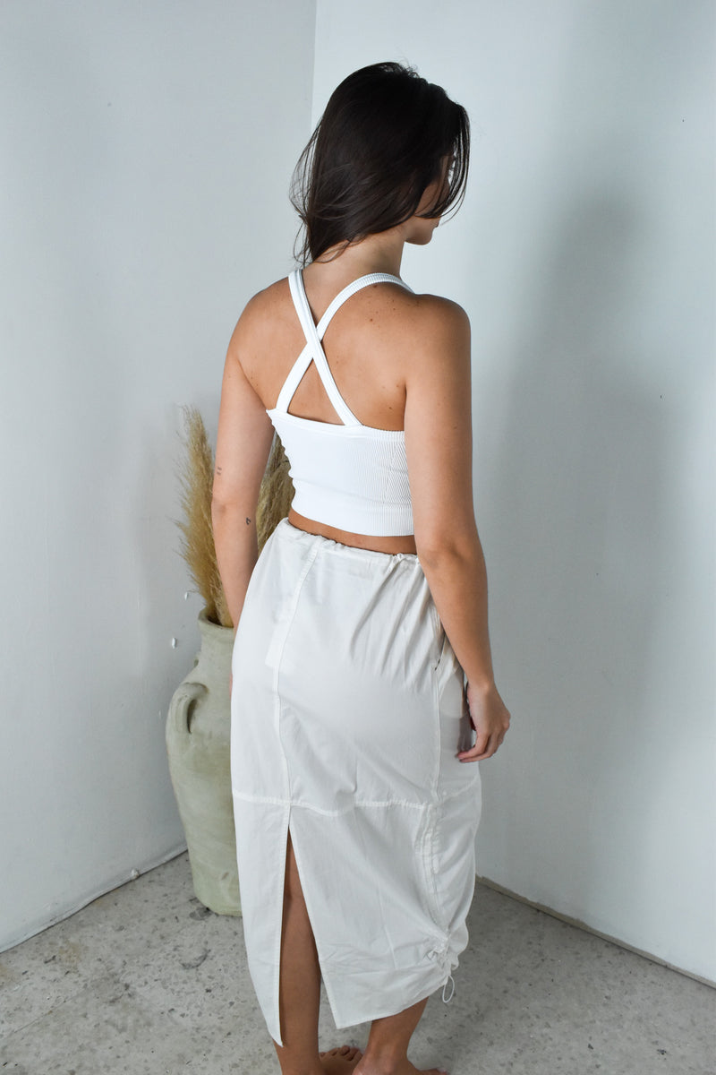 White Drawstring  Midi Skirt