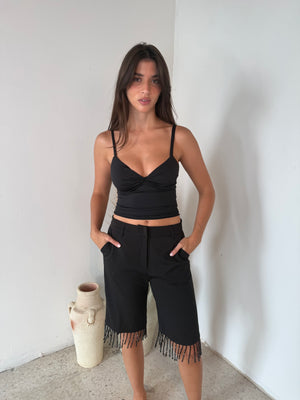 Black Beaded Tassel Knee Length Shorts