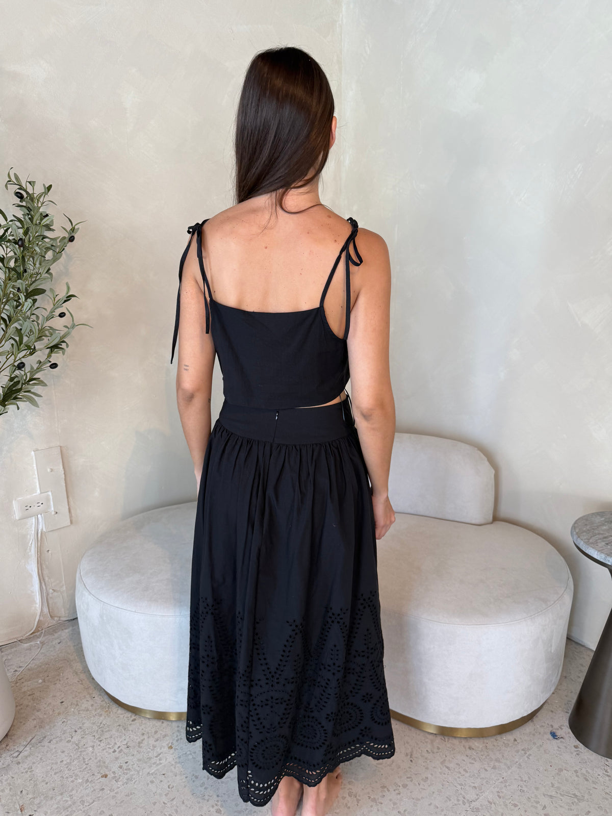 Black Embroidered Top & Midi Skirt Set