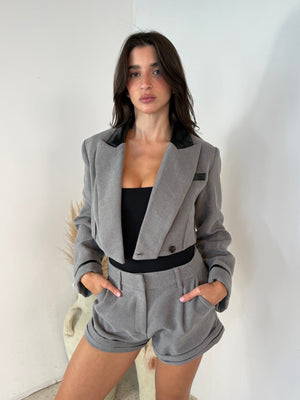 Cropped Blazer With Contrast Pu Leather Inserts