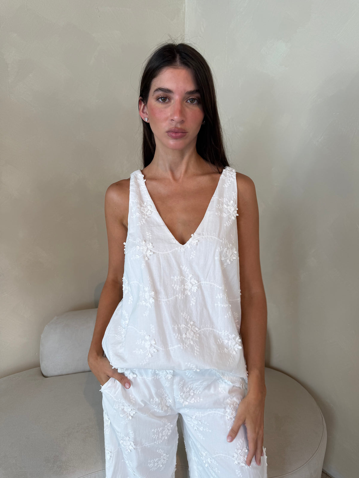 White Vneck Embroidered Top & Pant Set