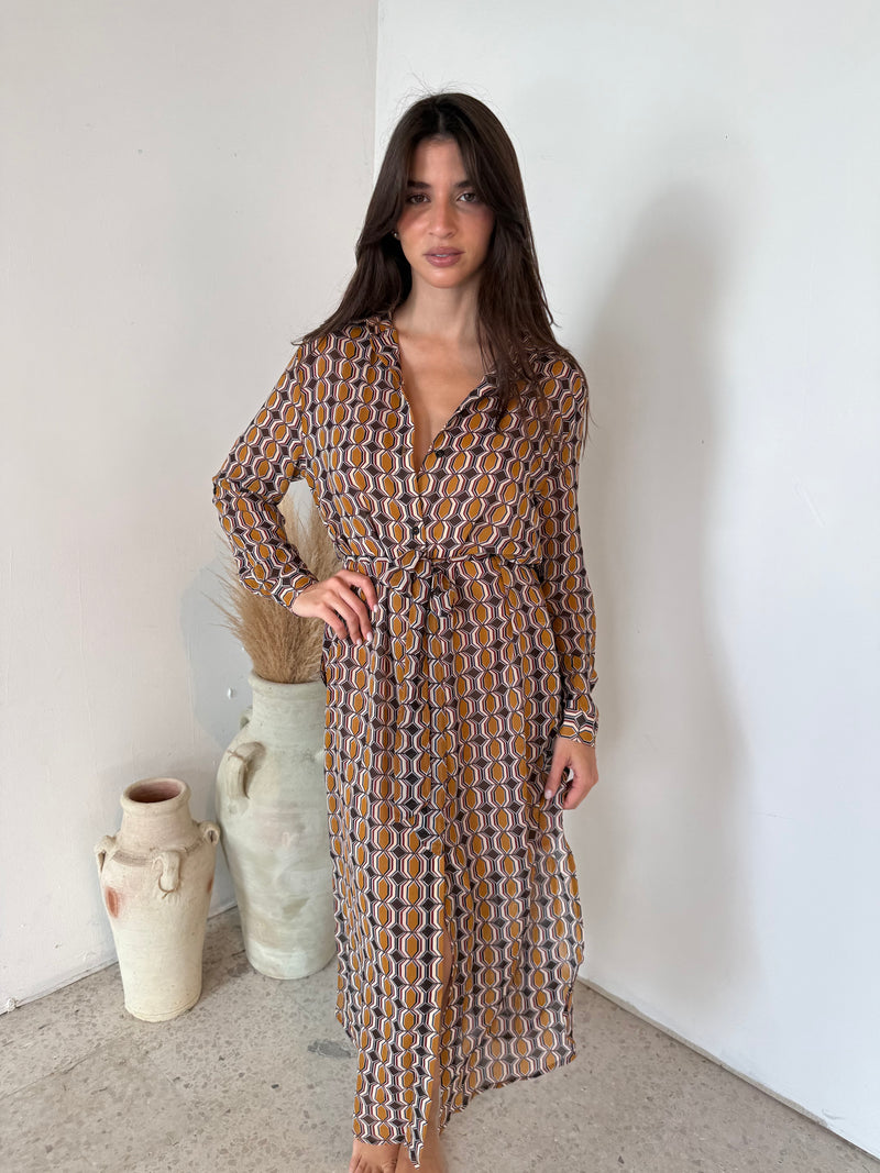 Printed Ochre LS Belted Dress