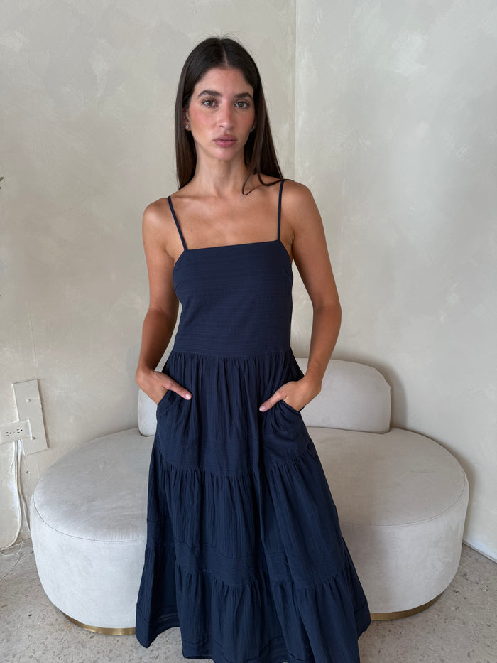 Navy Linen Strappy Maxi Dress