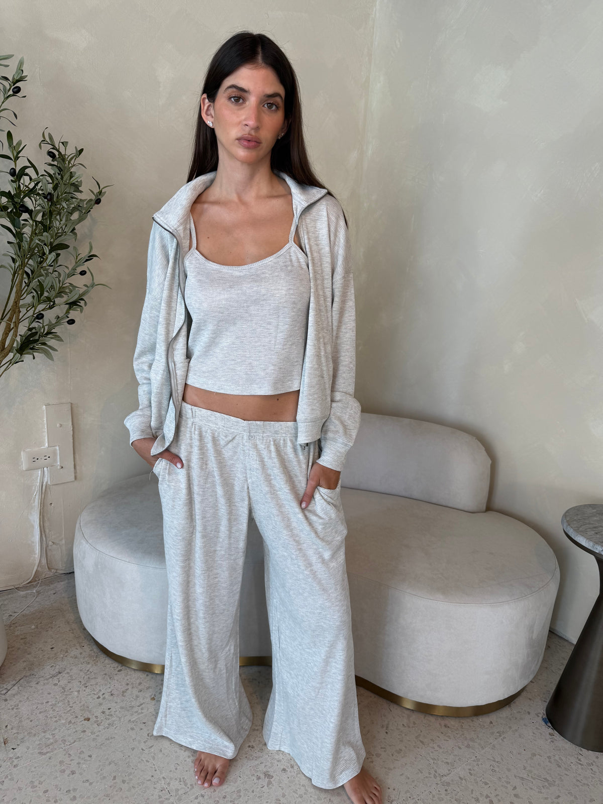 Grey Waffle Zip Pullover