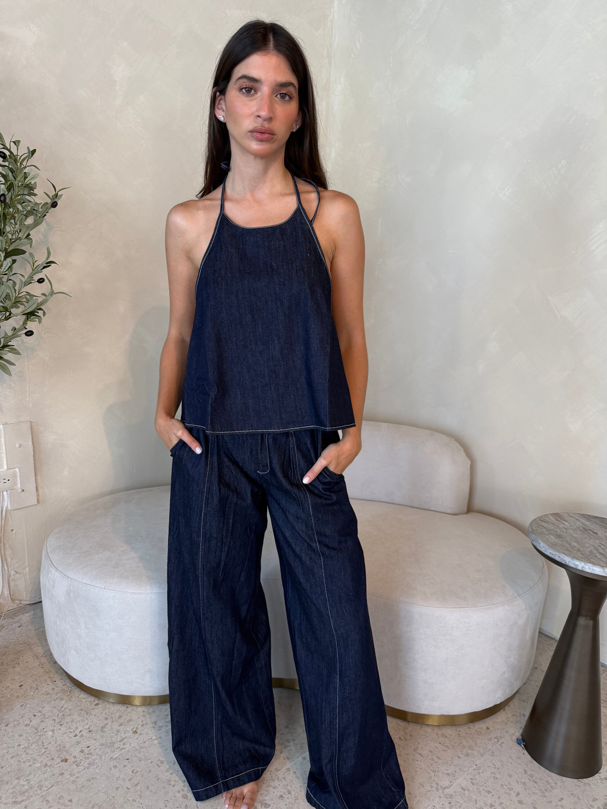 Denim Halter Top & Button Pant Set