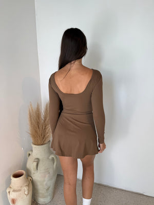 Coffee Tie Front LS Active Dress