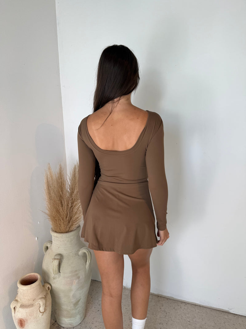 Coffee Tie Front LS Active Dress