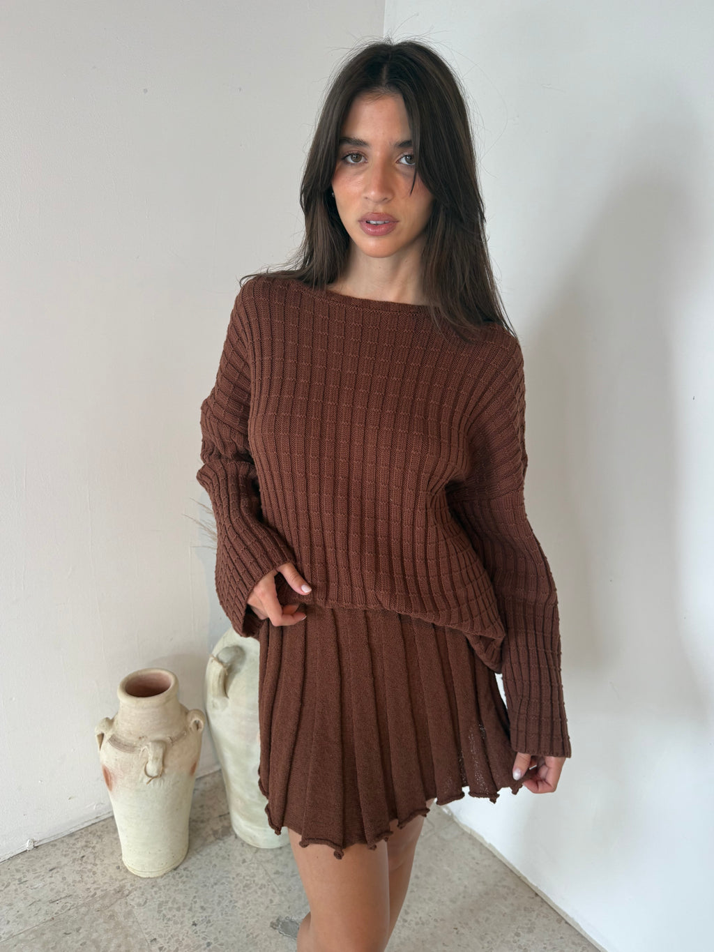 Brown LS Top & Skirt Set