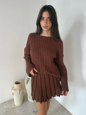 Brown LS Top & Skirt Set