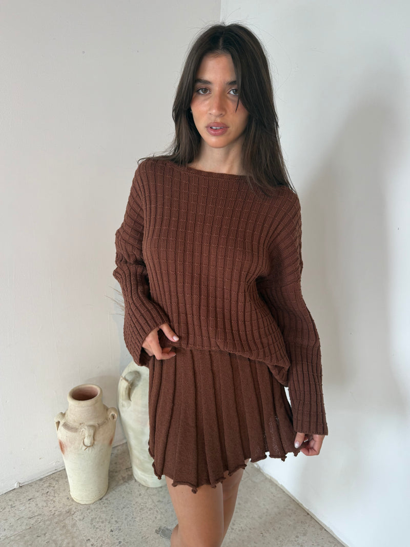 Brown LS Top & Skirt Set