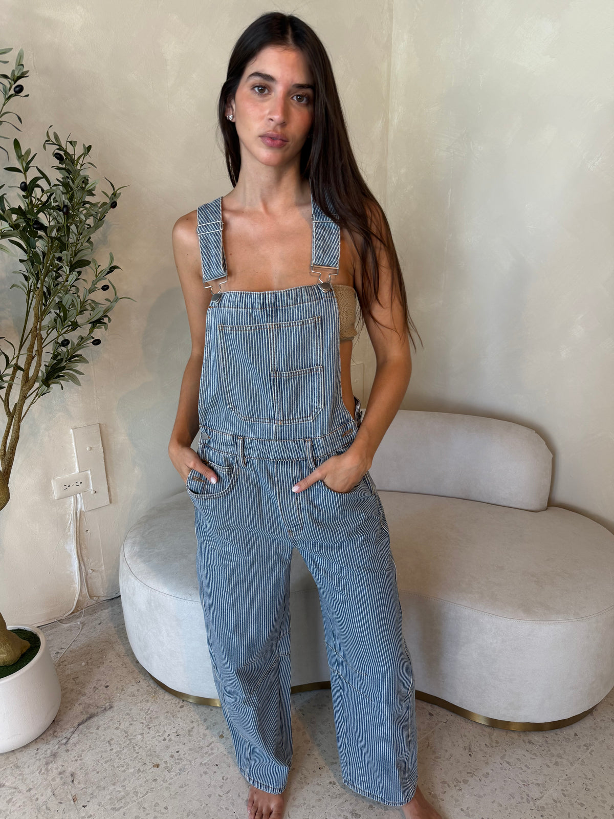 Stripe Denim Overall Jumpsuit