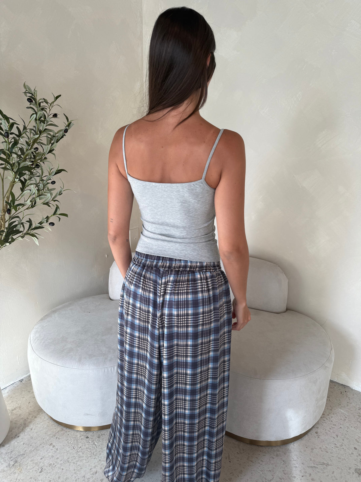 Blue Elastic Plaid Joggers