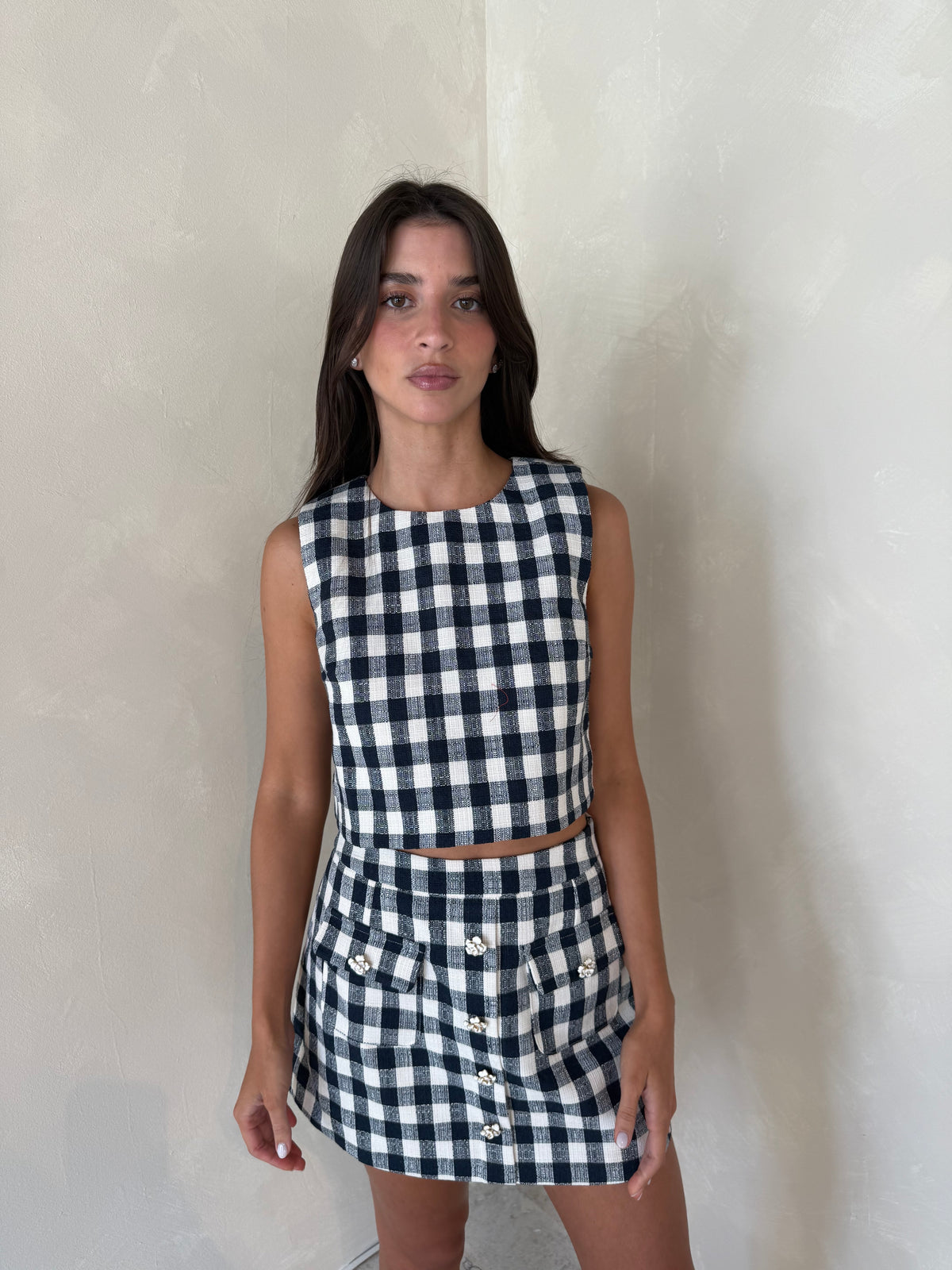 Plaid Textured Top & Skirt Set