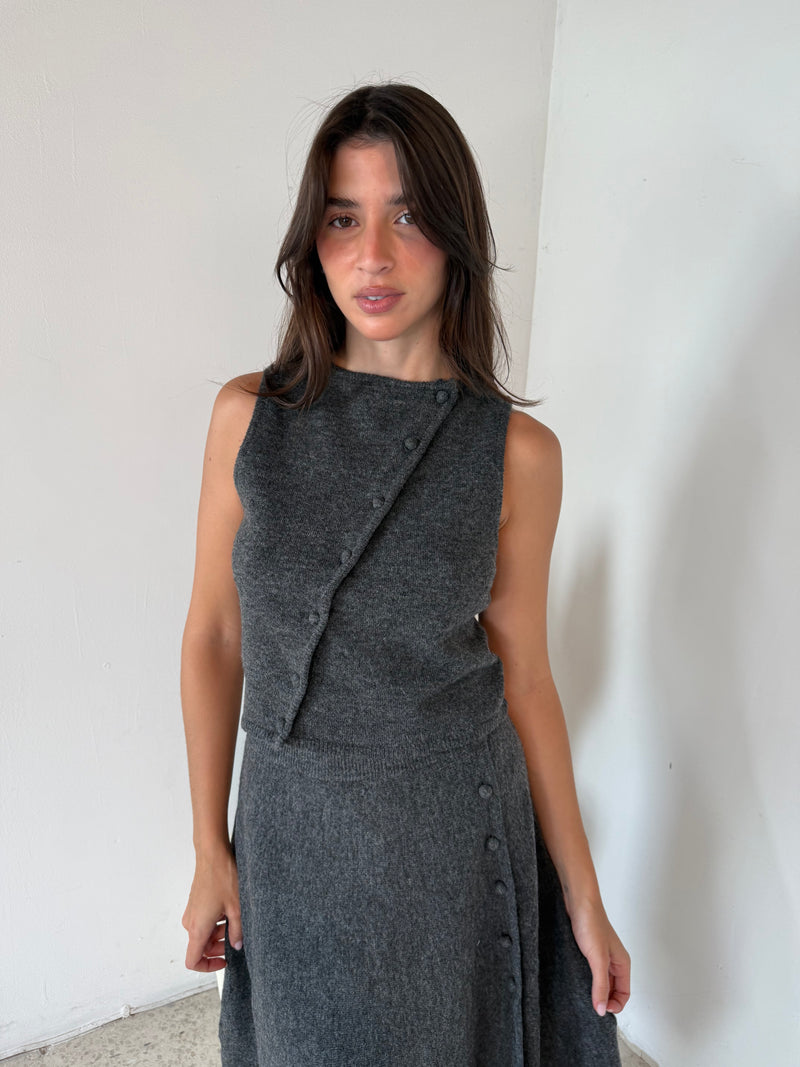 Charcoal Boat Neck Buttondown Top & Midi Skirt Set
