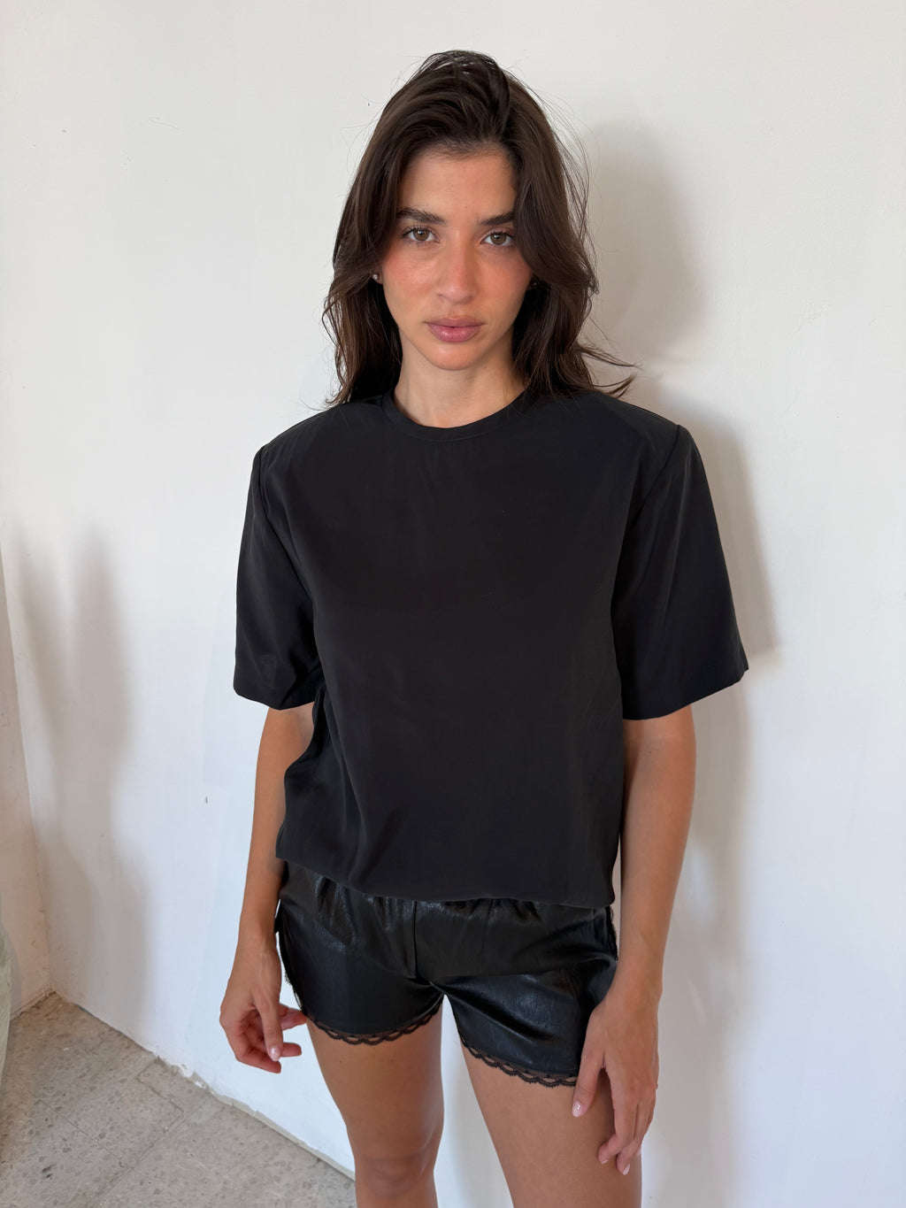 Black Lace Trim PU Shorts