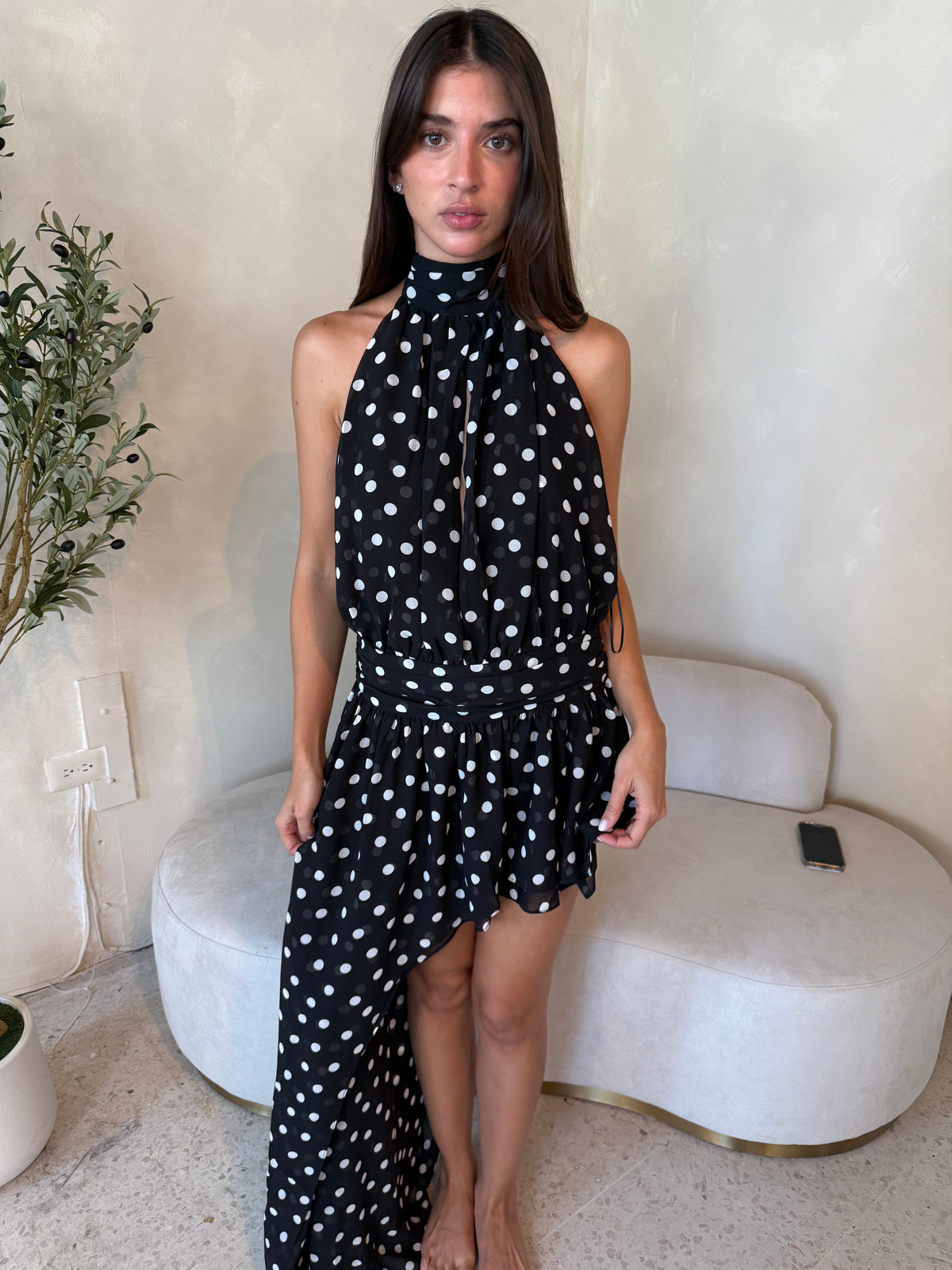 Polka Halter Dress BLACK