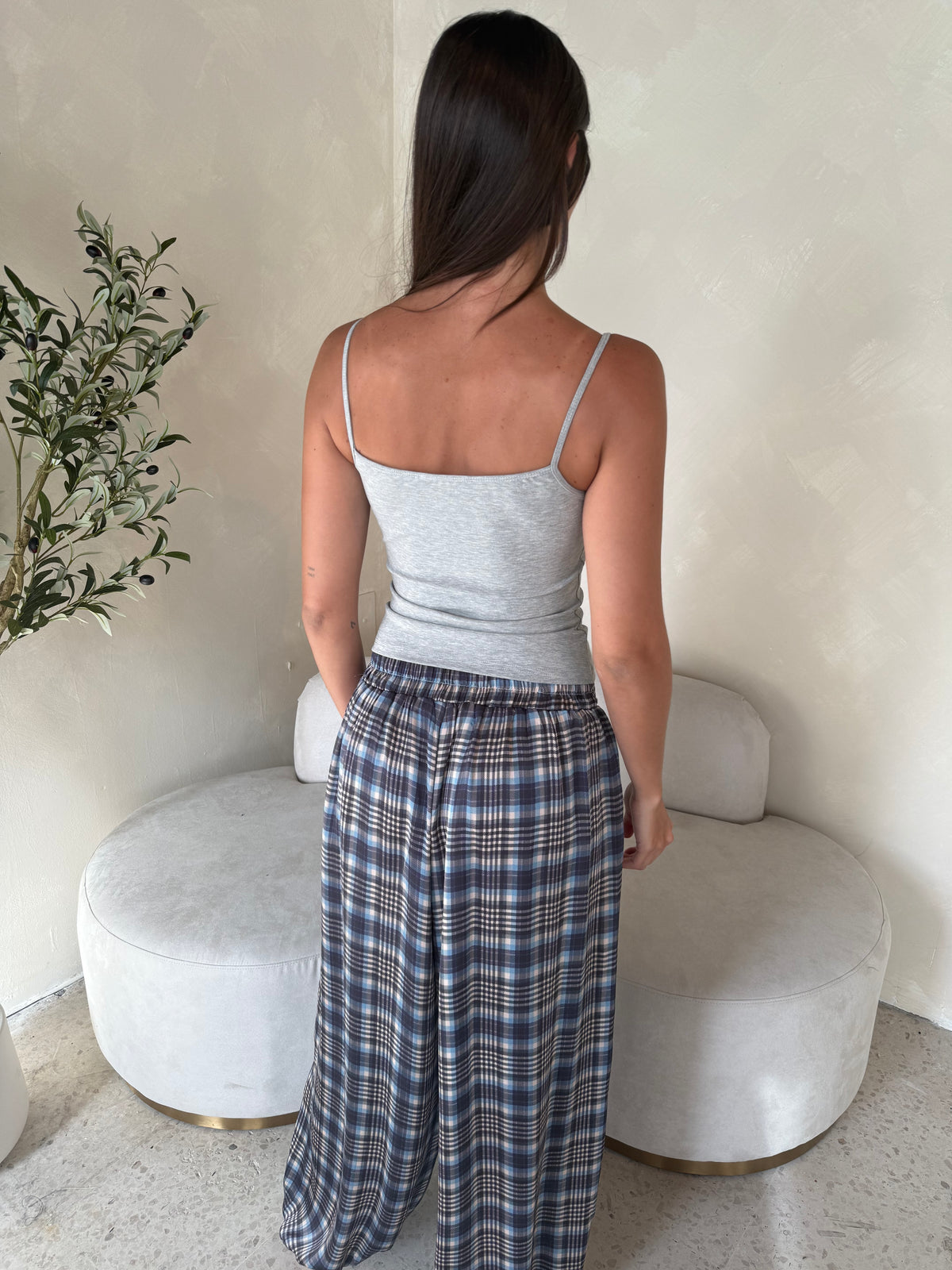 Blue Elastic Plaid Joggers