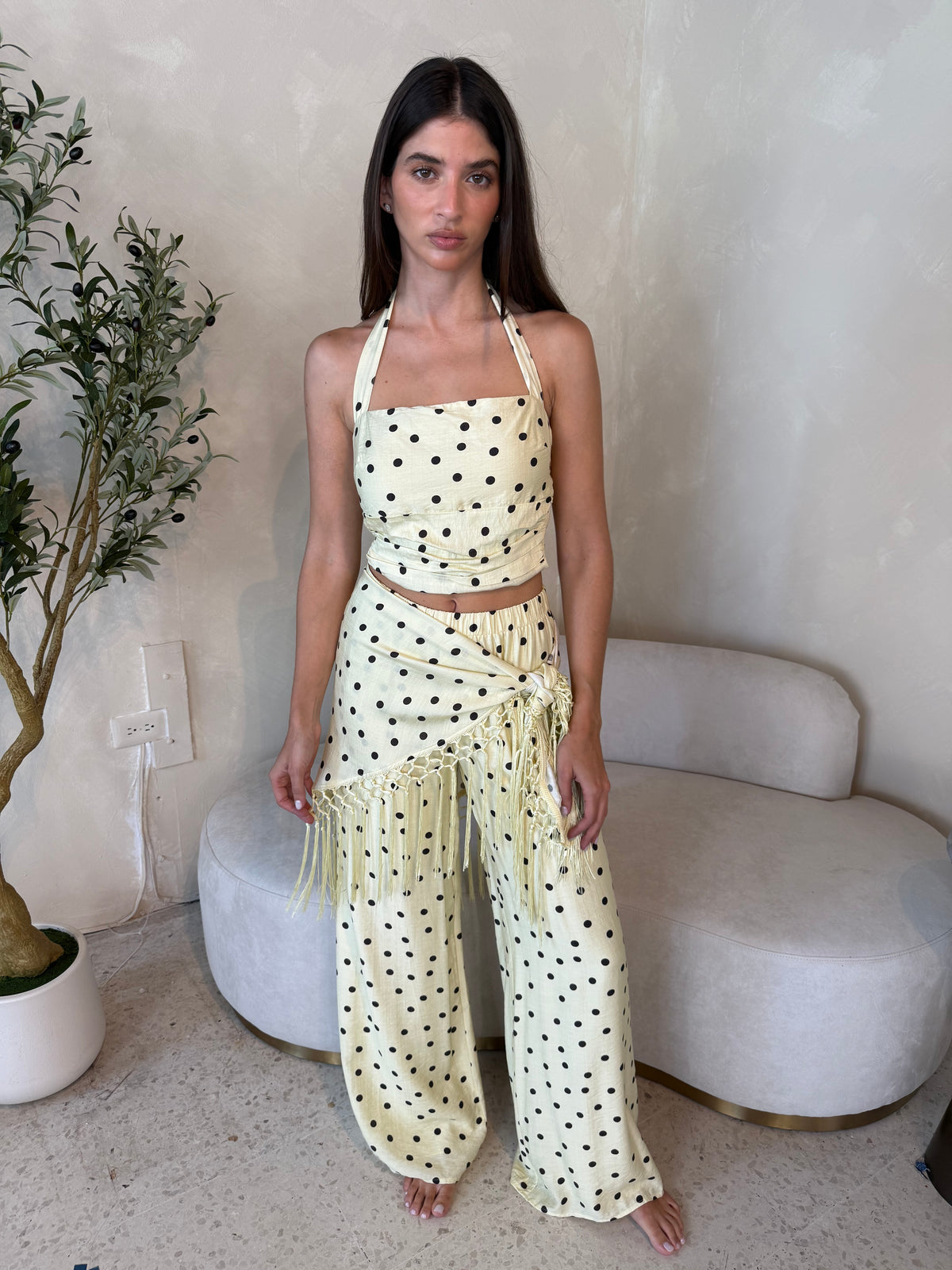 Yellow 3 Pc Combo Fringe Polka Set