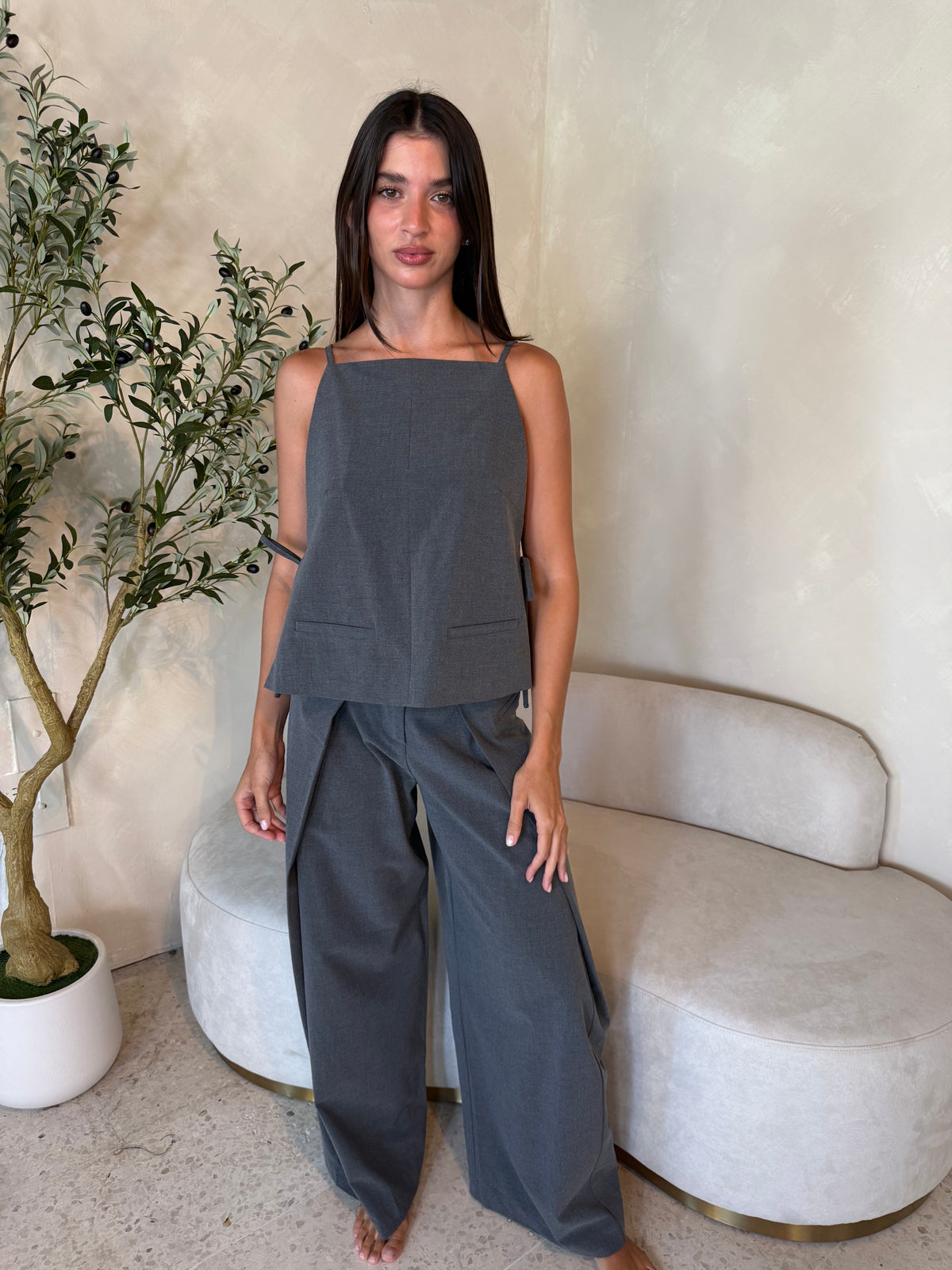 Charcoal Side Tie Top & Pant Set