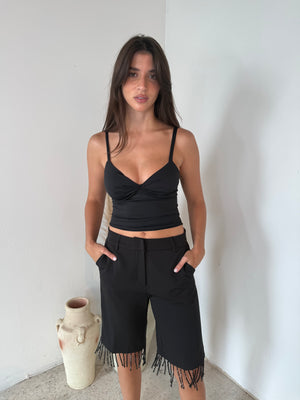 Black Beaded Tassel Knee Length Shorts