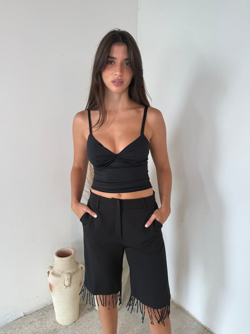 Black Beaded Tassel Knee Length Shorts