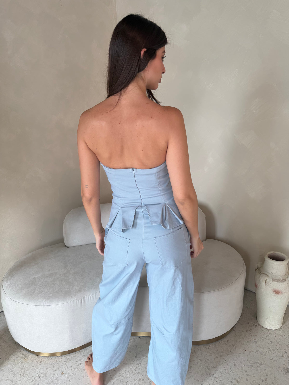 Pleated Strapless Barrel Jumpsuit
