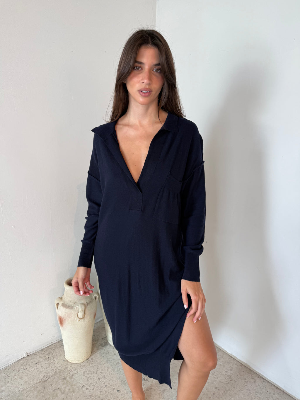 Navy Collar LS Dress