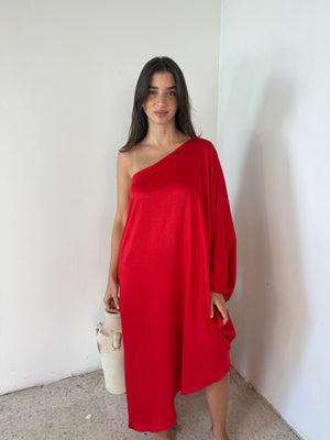 One Shoulder Satin Midi Dress