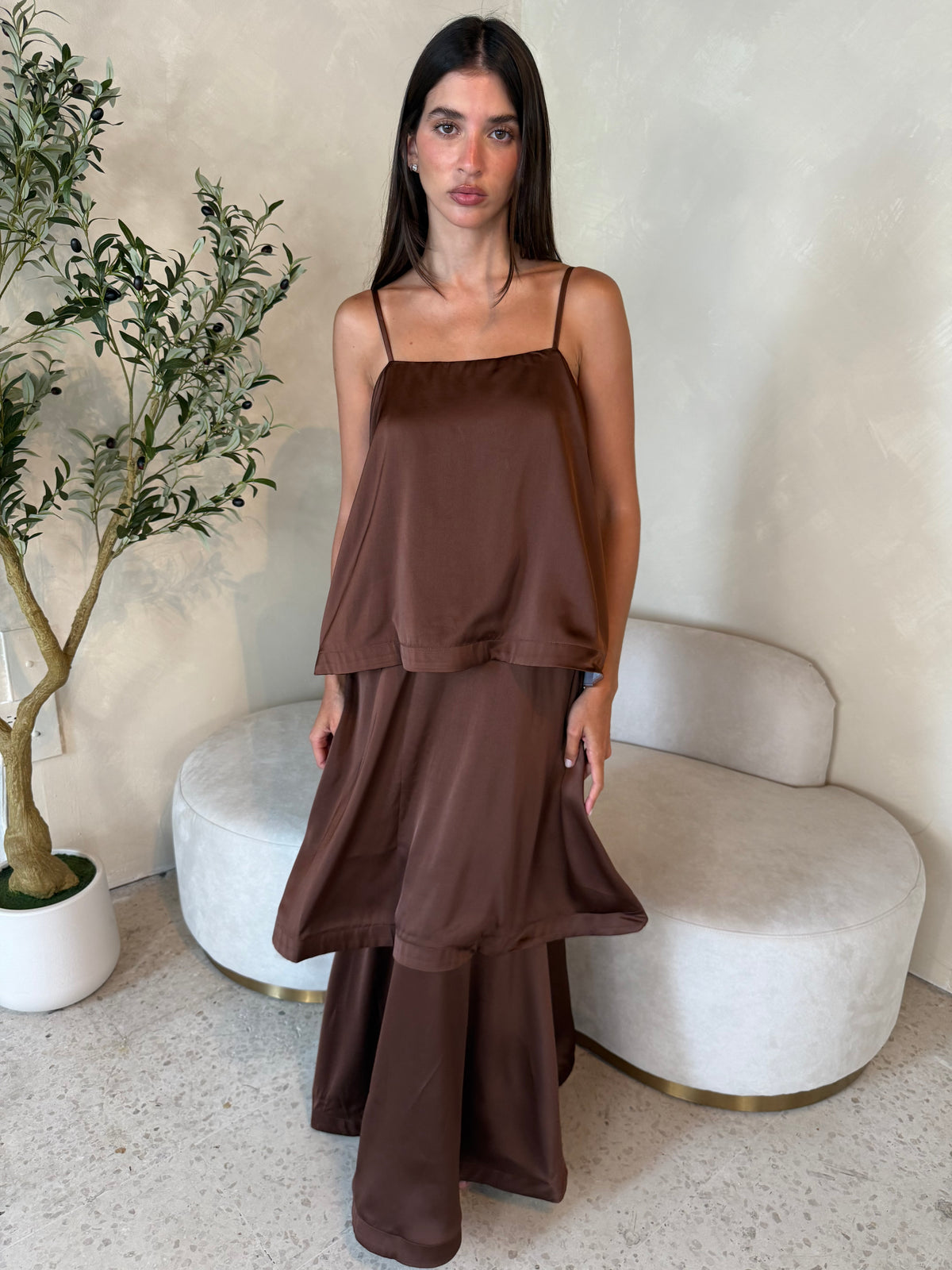 Ruffle Satin Midi Dress