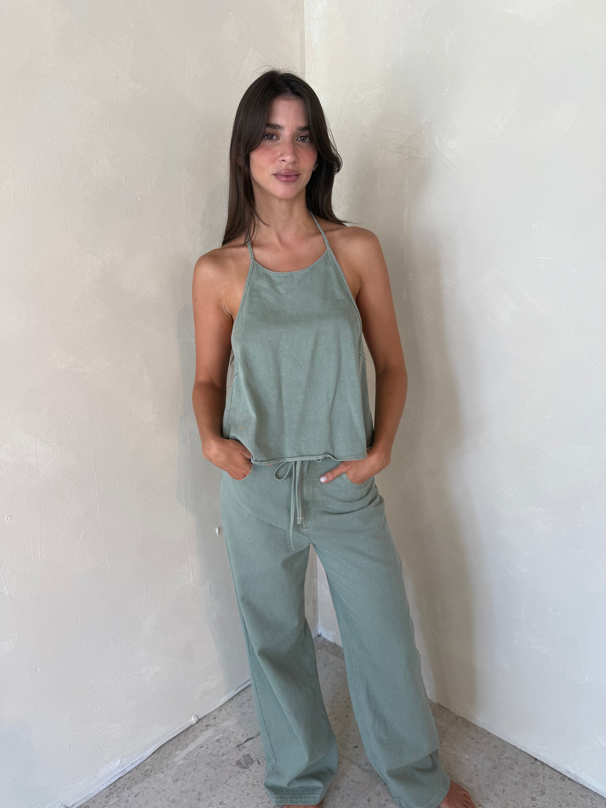 Halter Denim Top & Drawstring Pant Set