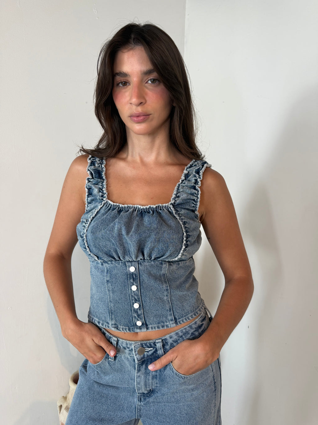 Denim Ruffle Top & Barrel Denim