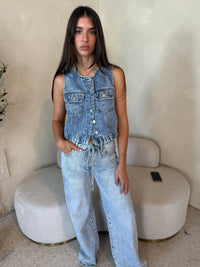 Denim Button Vest & Drawstring Pant Set