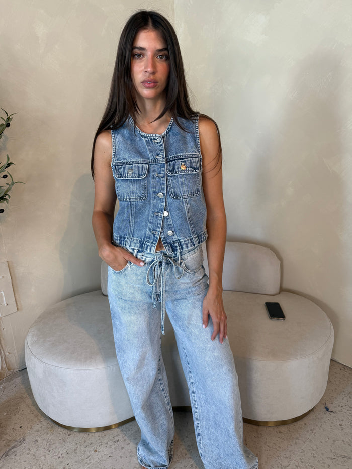 Denim Button Vest & Drawstring Pant Set