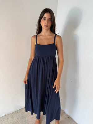 Navy Linen Blend Maxi Dress