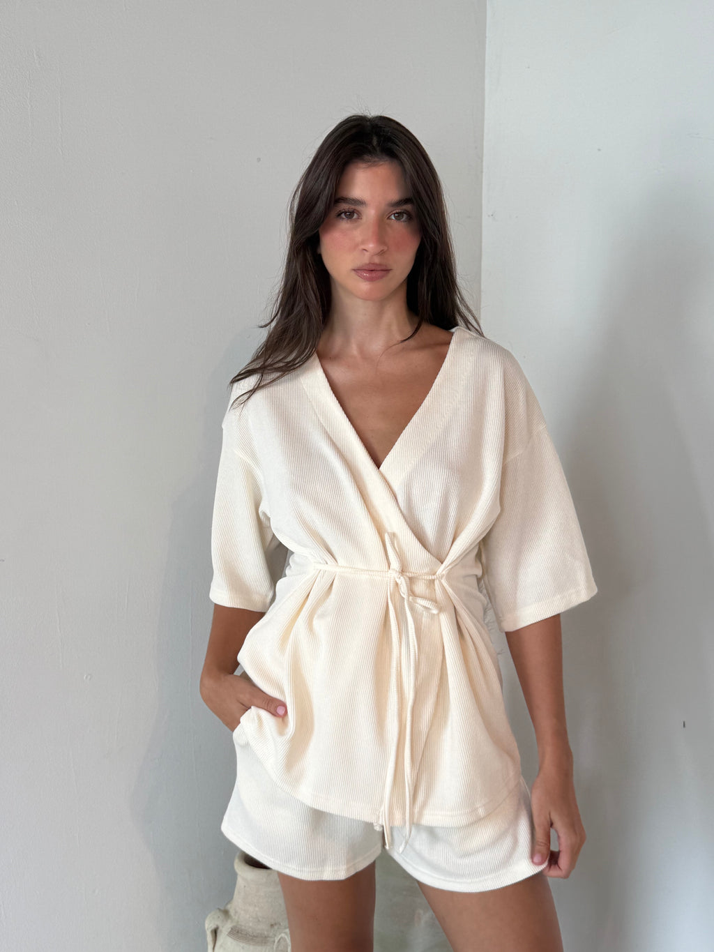 Cream Ribbed Top & Short Set