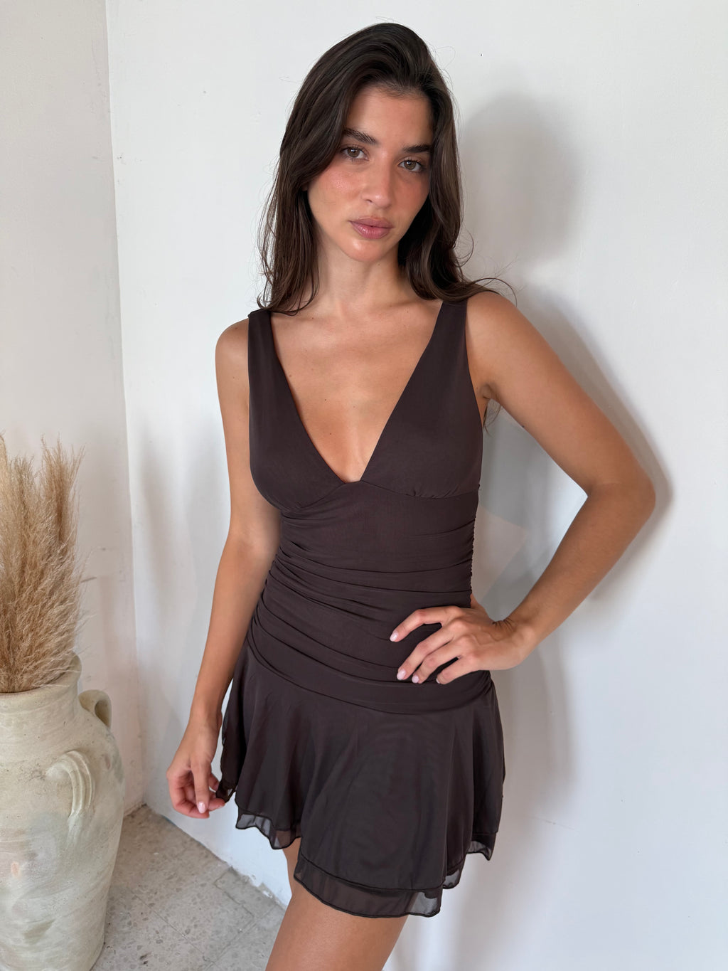 Chocolate Mesh Mini Dress