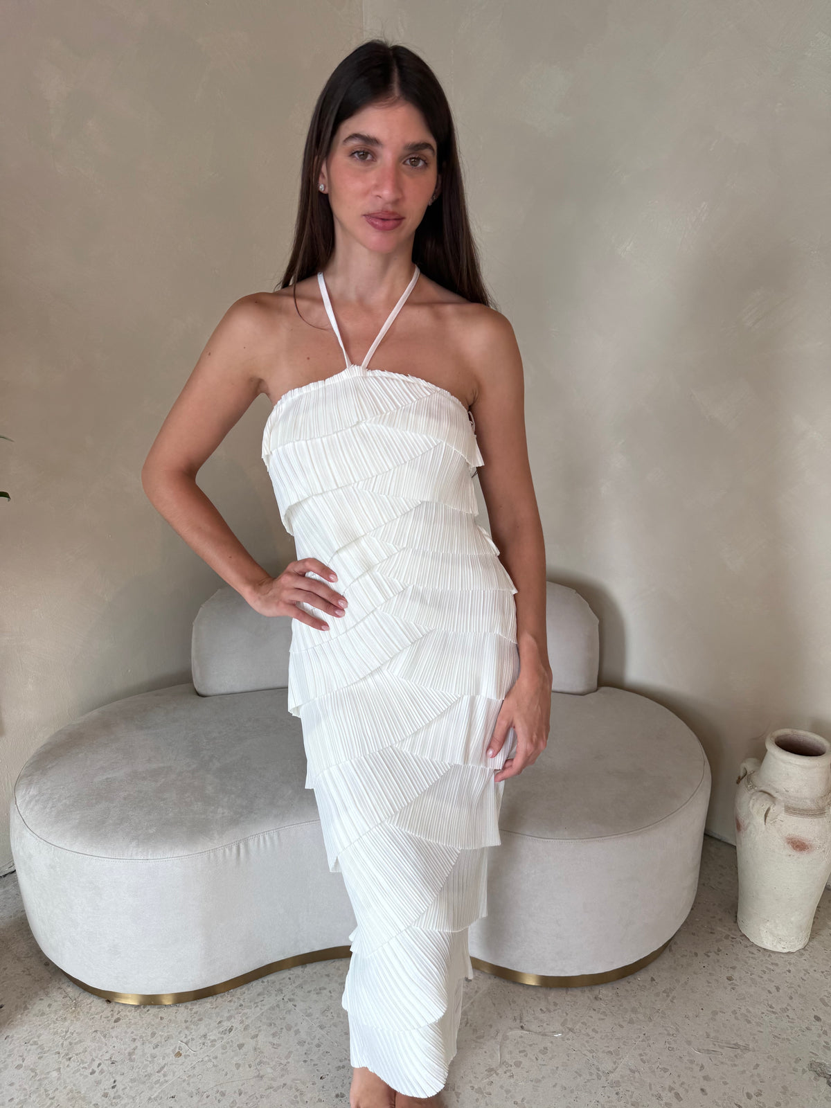 Cream Pleated Midi Dress
